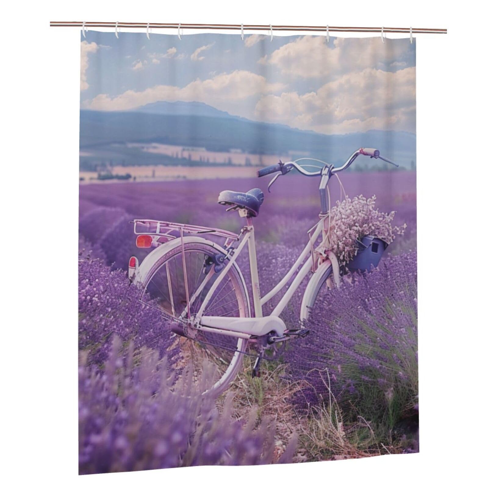 BWWHCCTI Lavender Field Retro Bike Agriculture Printed Shower Curtain With 12 Plastic Hooks Opaque Quick Drying Waterproof Shower Curtains Sets For Bathroom 152x183 Cm