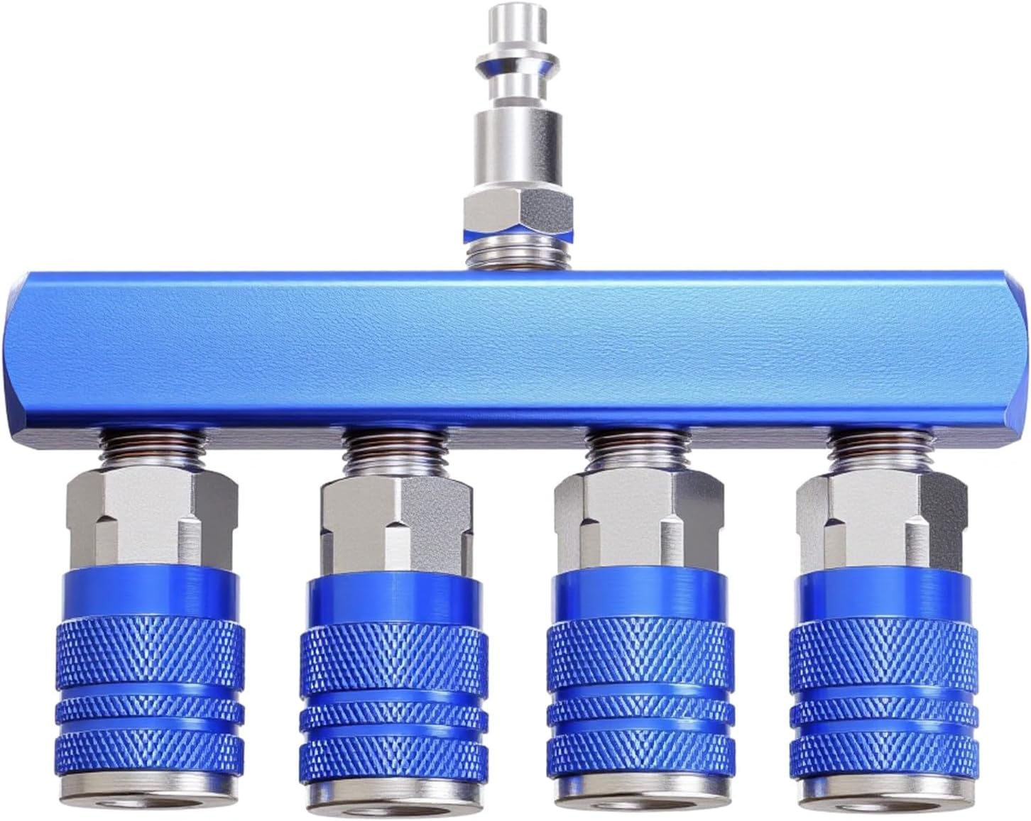 4-Way Air Manifold 1/4 Inch Air Hose Splitter Industrial Connect Fitting 4 Couplers Plug Blue