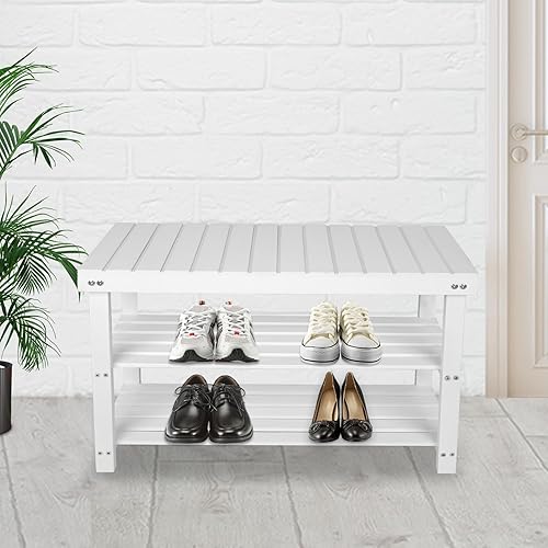 Miniatura 40 de ECOMEX Banco de entrada de 2 niveles con estante para zapatos, banco de almacenamiento de madera para pasillo, color natural, grande Color