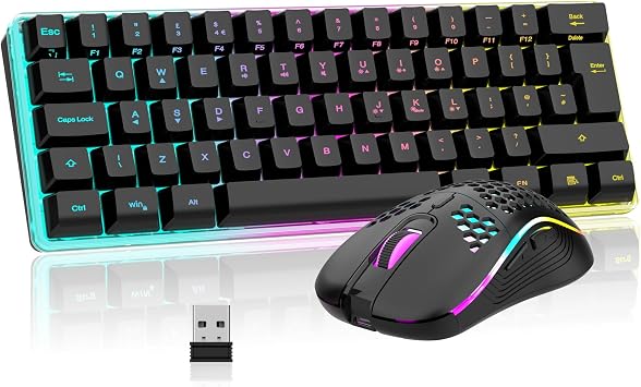 RedThunder K62 Wireless 60% RGB Gaming Keyboard and Mouse Combo, UK Layout 62 Keys Ultra Compact Backlit Mini Keyboard, Lightweight Cellular Optical Mouse, Portable Set for PC PS5 Xbox Gamers Black