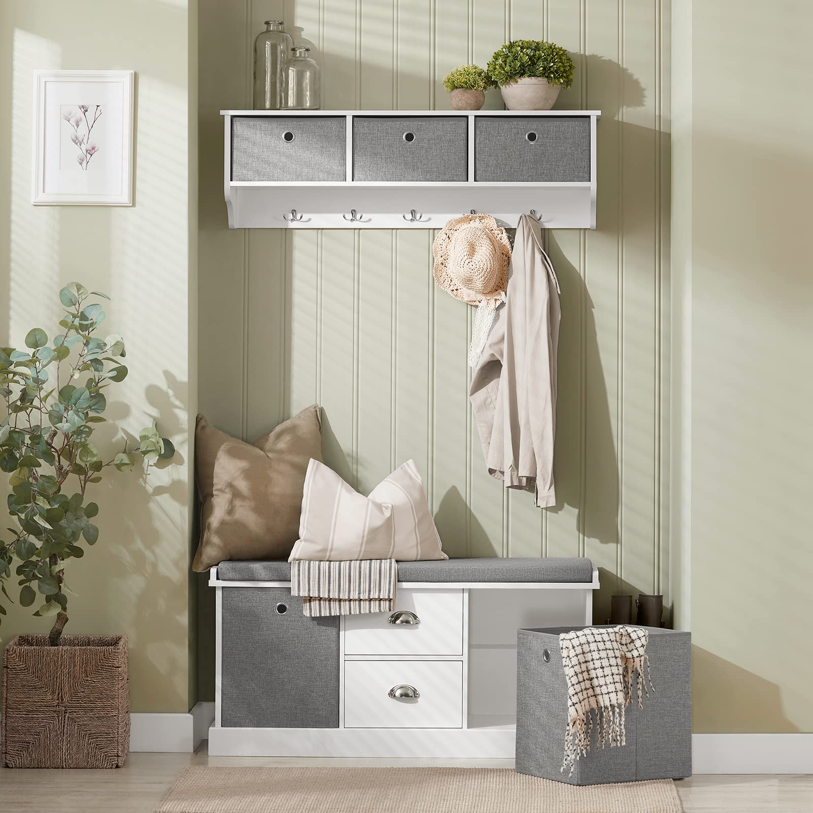 SoBuy Banc de Rangement avec Coussin Rembourré, Meuble Bas Entrée, Commode à Chaussure avec 2 Tiroirs et 2 Paniers,Armoire à Chaussure, pour Entrée, Salon, Blanc et Gris, 100x35x50 cm, FSR66-HG