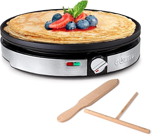 Gourmia Máquina de crepas de 12 pulgadas, plancha eléctrica antiadherente para panqueques, tortillas y más, control preciso de temperatura con luces
