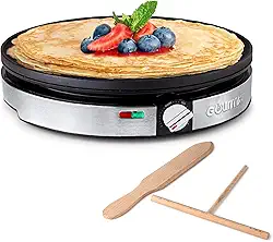 Gourmia Crepe Maker de 12 polegadas, ferro elétrico antiaderente para panquecas, tortilhas e muito mais, controlo preciso de temperatura com luzes indicadoras, inclui espátula e espalhador de massa
