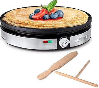 Gourmia 12” Crepe Maker – Nonstick Electric Griddle for Pancakes, Omelets & More, Precise Temp Control with Indicator Lights, Includes Spatula & Batter Spreader, Quick Cleanup, Stainless Steel Trim