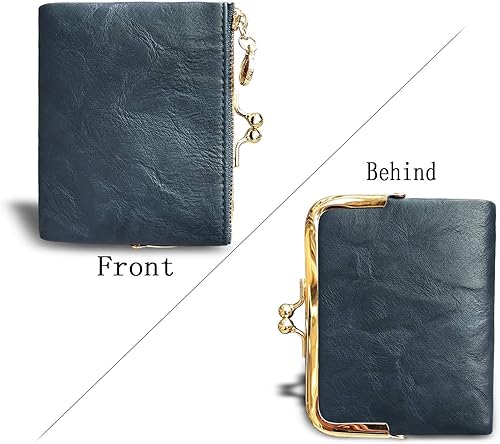 Miniatura 4 de PofeeXIO Billetera para Mujer RFID Pequeña Compacta Bifold de Cuero Vintage, Monedero para Damas con Cremallera y Cierre de Beso