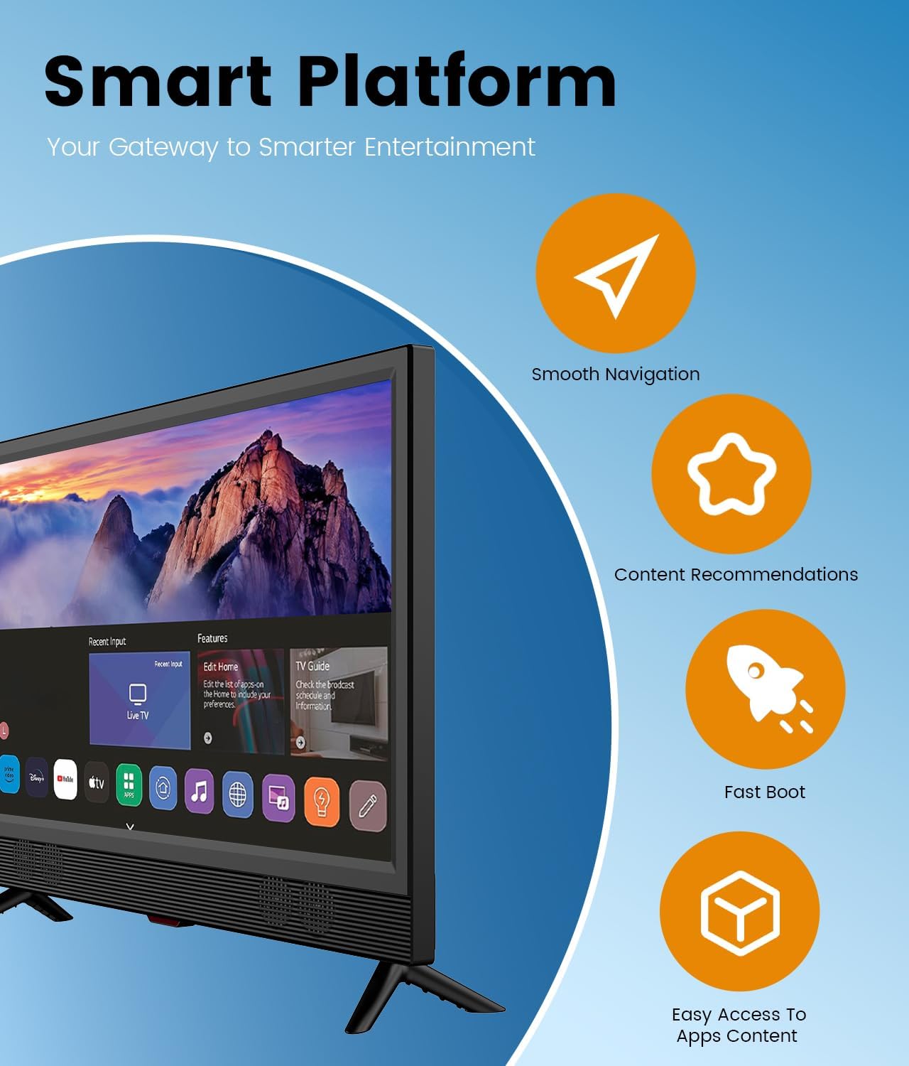 Feihe 22-inch Small Smart TV Full HD 1080p | Kitchen Smart TV, Flat Screen Television with Loud Dual Stereo Speakers, 178° Viewing & Wi/Fi