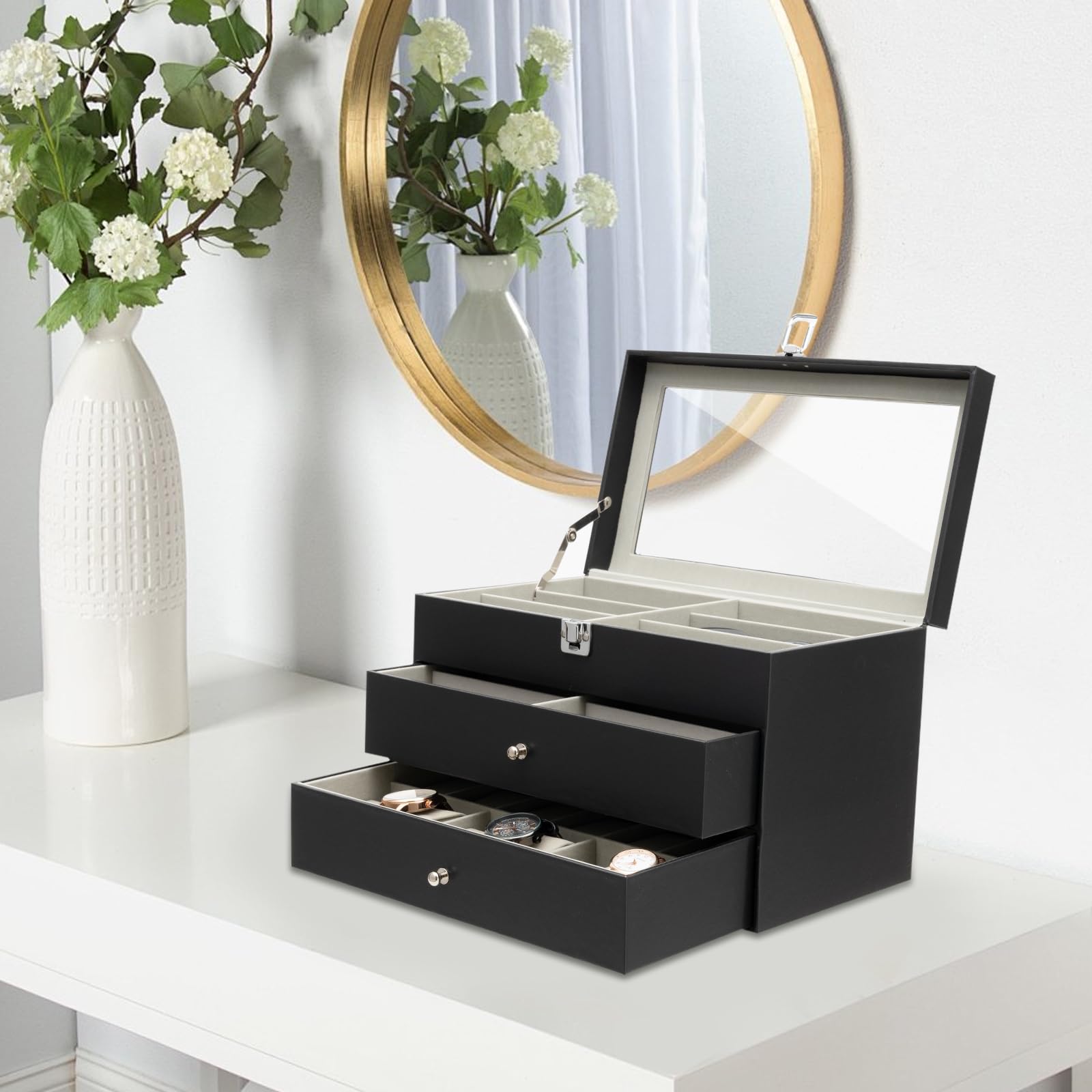 Uhrenbox, Display Uhren- und Sonnenbrillen-Schmuckbox, 12 Uhrenbox-Schmucketui und 12 Slots Sonnenbrillen-Organizer, Brillenetui Uhren- und Sonnenbrillen-Box für Herren Damen