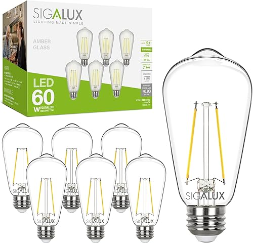 Sigalux EcoBright - Bombillas LED Edison que cumplen con T20, bombilla LED E26 ST58, filamento transparente, regulable, vintage, equivalente a 60 W,