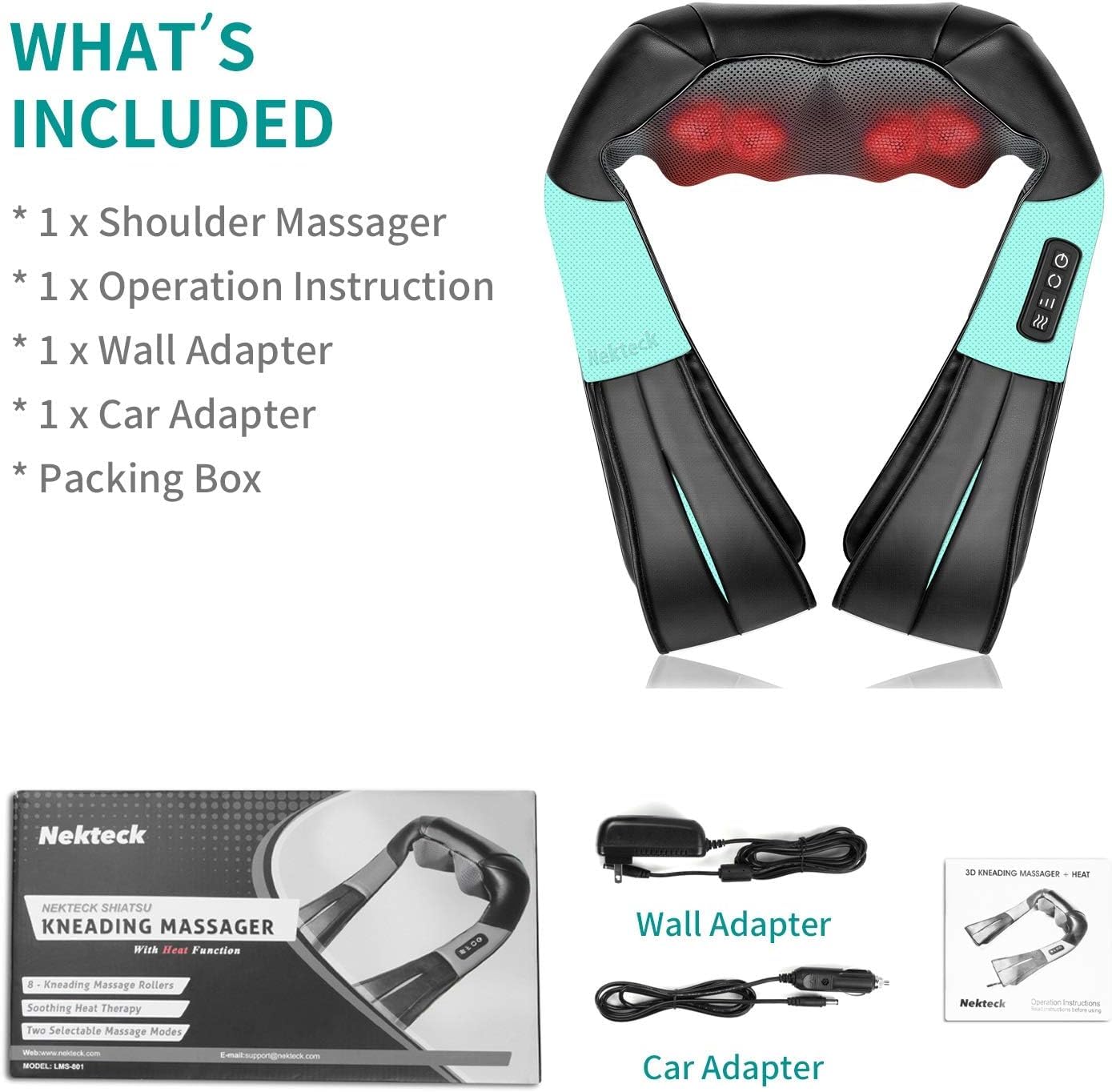 Nekteck Shiatsu Neck Massager with Heat for Pain Relief Deep Tissue, 2026 Upgraded 3D Back Shoulder Kneading Massage Pillow, Mother's Day Father's Day Relaxation Gifts for Mom Dad, (NOT Cordless): Blue
