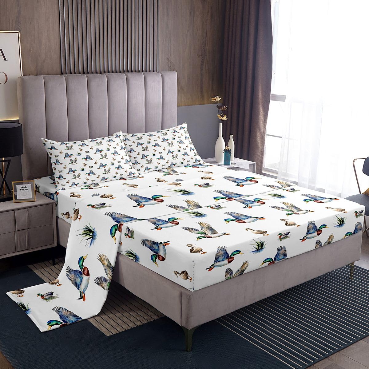 Feelyou King Size Wild Duck Bed Sheets Set Boys Girls Cute Duck Sheet Set for Kids Women Men Ultra Soft Hunting Animals Sheets with Deep Pocket Fitted