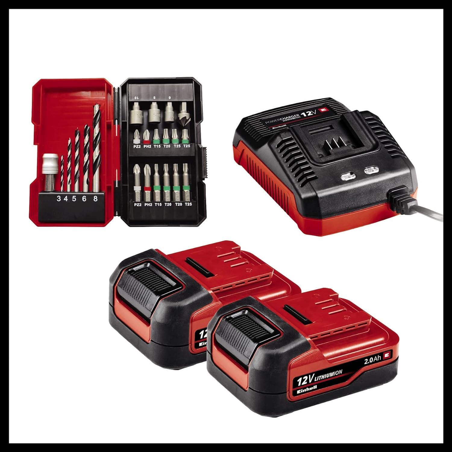 Einhell Akumulatorowa wiertarko-wkrętarka TE-CD 12/1 Li +22+CL (Li-Ion, 12V, maks. 30 Nm, 2-bieg. przekładnia, w tym 2 x akumulator 2,0 Ah, ładowarka, 22 cz. zestaw bit/wiertło, lampa akumulatorowa)