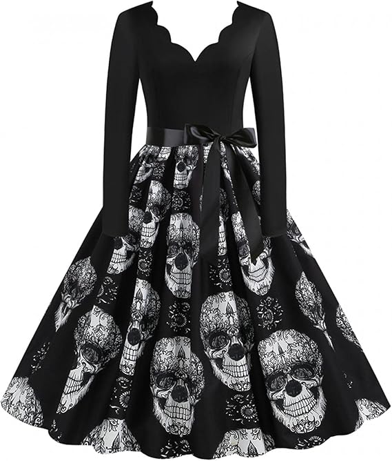 Amazon Co Jp ハロウィン ワンピース Re Yue 長袖 Vネック ハロウィンコス チュニック Aライン 膝丈 快適 レディース 蝶結びベルト 大人 ドレス プリント ドクロ柄 つづり合わせ コスチューム きれいめ 衣装 ファション 秋冬 イベント ホビー