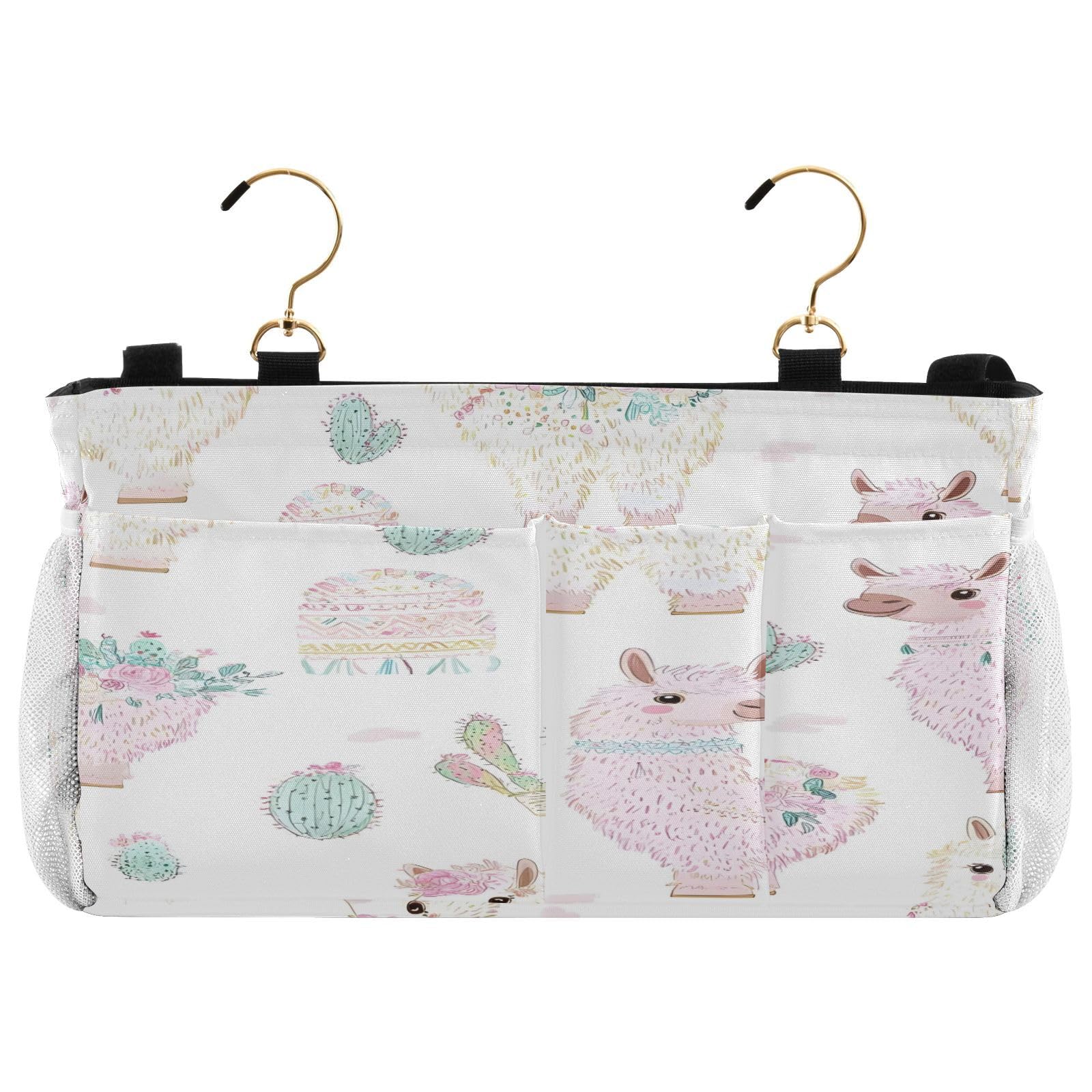 BOESI Doodle Cute Alpaca & Cactus Pattern Bedside Storage Hanging Bag, Hanging Storage Basket, Suitable for Storing Cell Phones, Water Bottles, Books