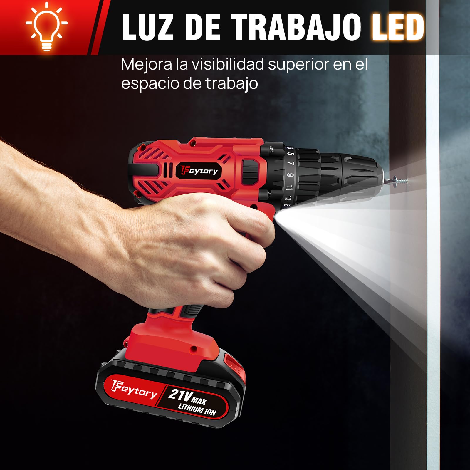 Taladro Atornillador 21V, 45N.m Atornillador Eléctrico, Taladro Combinado Inalámbrico con 25+1 de par de apriete, 2 x 1.5 Ah Batería, 29PCS Accesorios, 2 Velocidades, Luz LED,Cargador Rápido