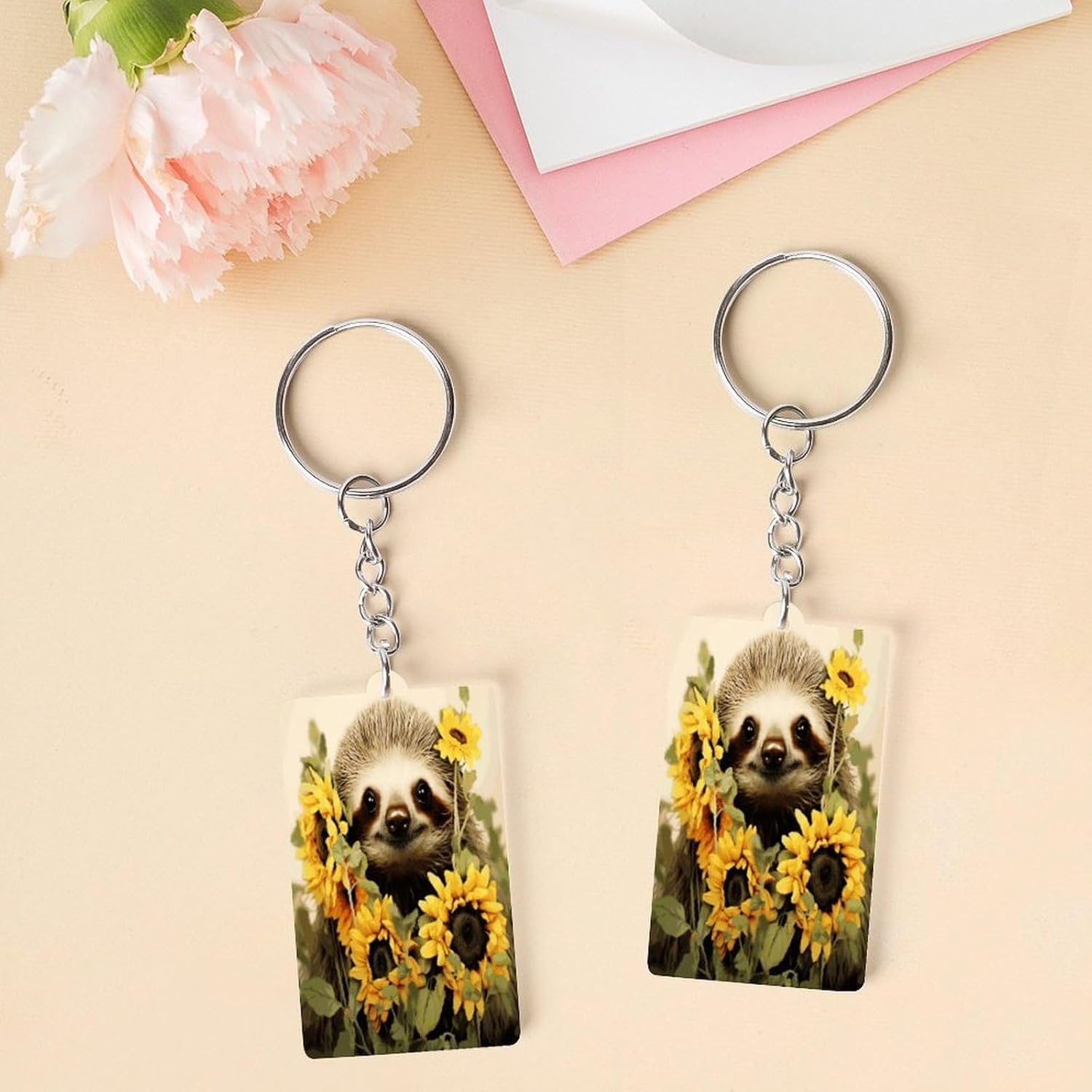 Sloth Sunflower Keychain Cute Key Chain Double-Sided Key Ring Popularity Key Fob Small Frame Keychains Lightweight Diy Key Holder Craft Supplies Key Charm For Personalized Gifts image 3