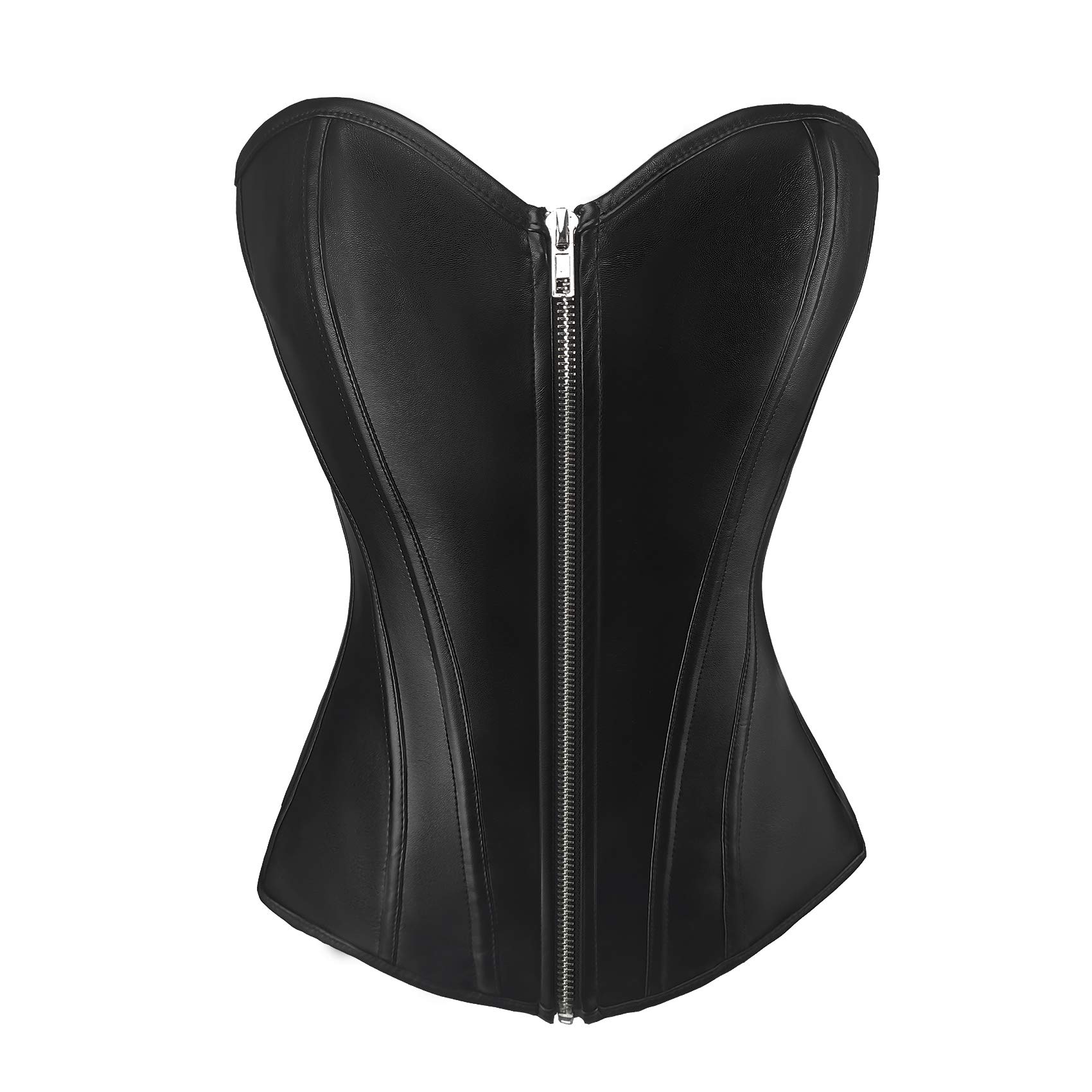 Women Faux Leather Zip Up Black Bustier Top Burlesque Basque