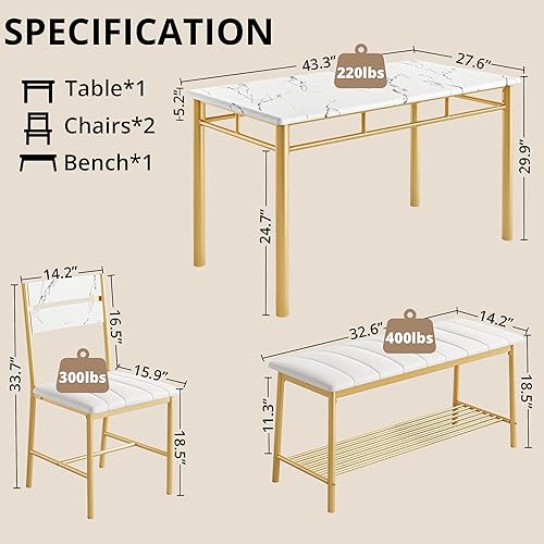 Miniatura 2 de Conjunto de mesa de comedor IRONCK para 4, mesa de cocina con banco tapizado y 2 sillas, juego de mesa y sillas de cocina para espacios pequeños,