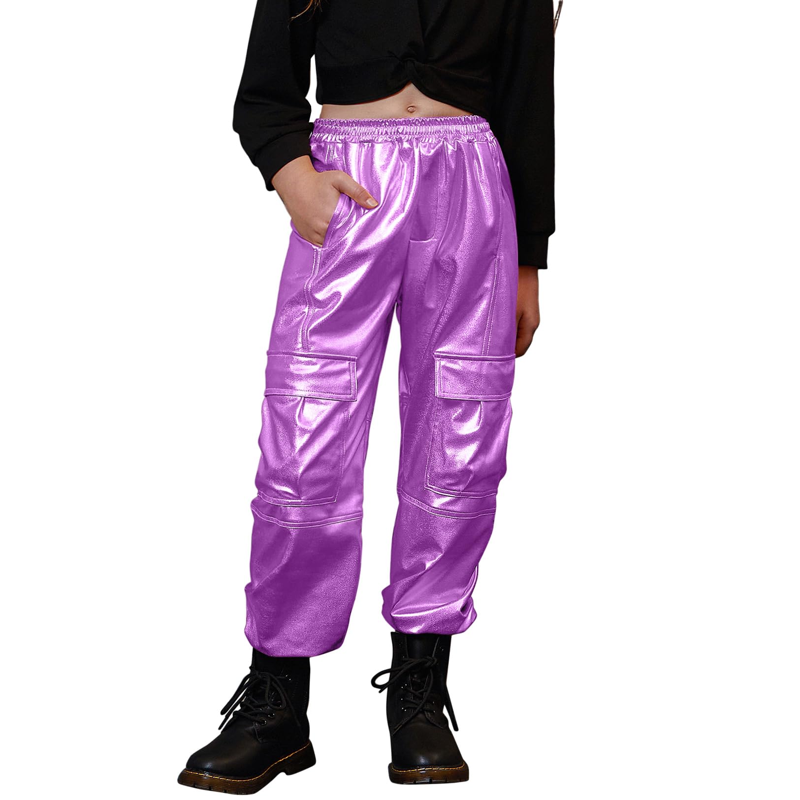 Perfashion Metallic Cargo Pants for Girls &amp; Womens Hip Hop Dance Multi-Pocket Joggers High Waist Pants 6-15Y