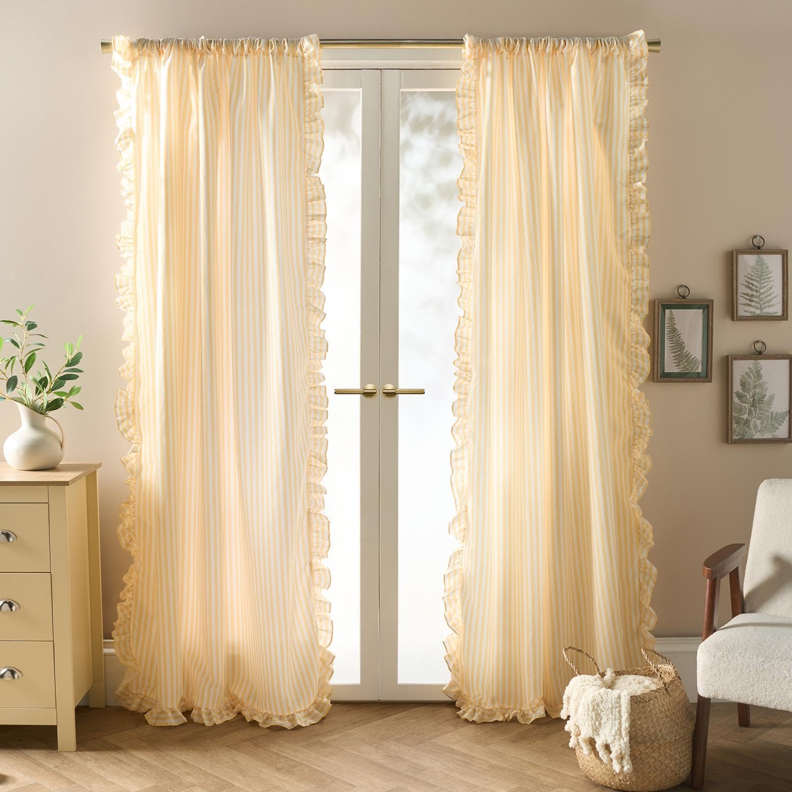 Ohs Yellow/White Voile Curtains, 87 Drop 2 Panels Net Curtain For Windows Decorative Stripe Frill Edge Slot Top Design Sheer Curtains For Living Room Bedroom 55" X 87",