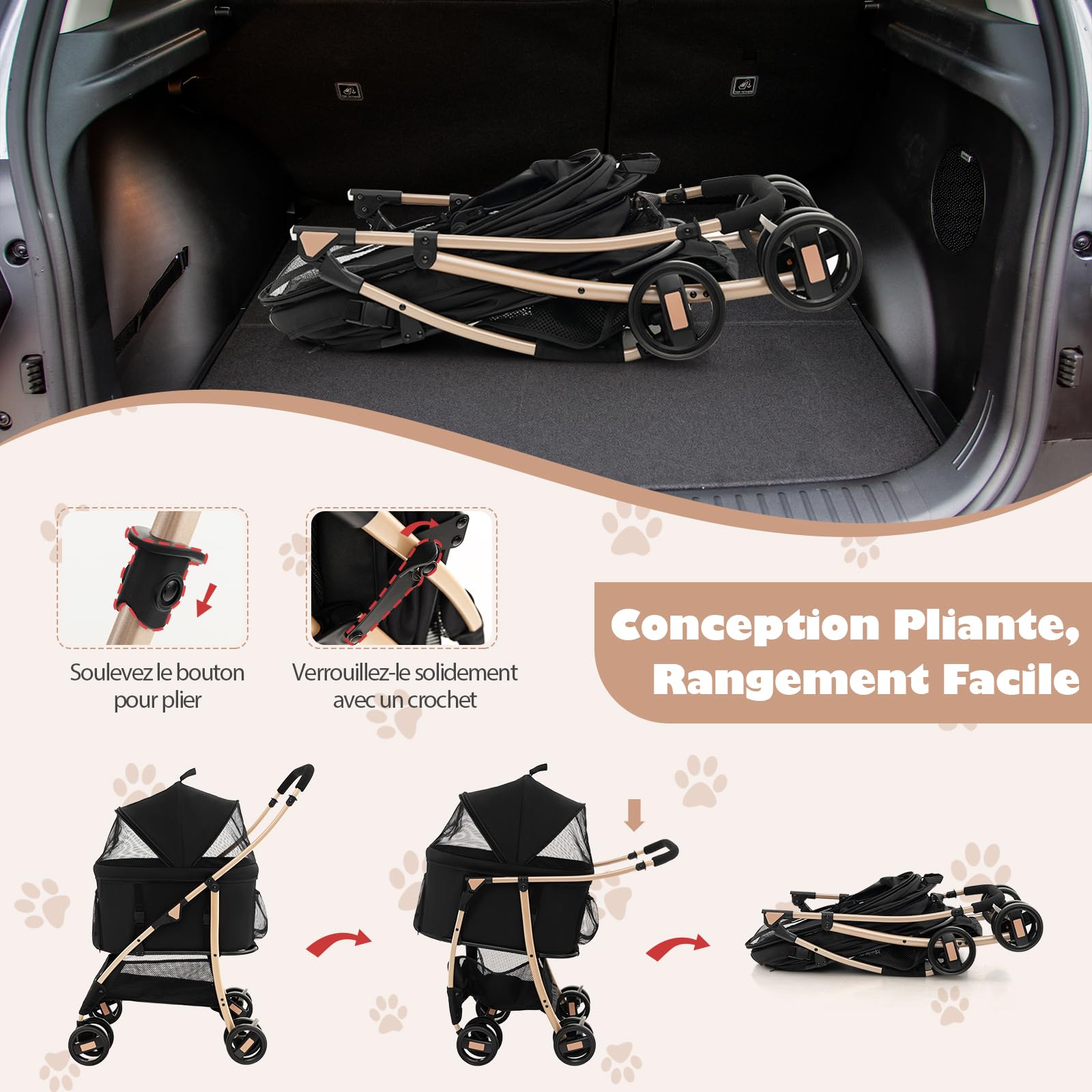 GOPLUS 3 en 1 Poussette pour Chien Chat, Poussette Pliable, Siège de Voiture Amovible, Auvent Réglable, Entrée en Maille Zippée, Panier de Rangement, pour Petits/Moyens Chiens Chats(Noir)
