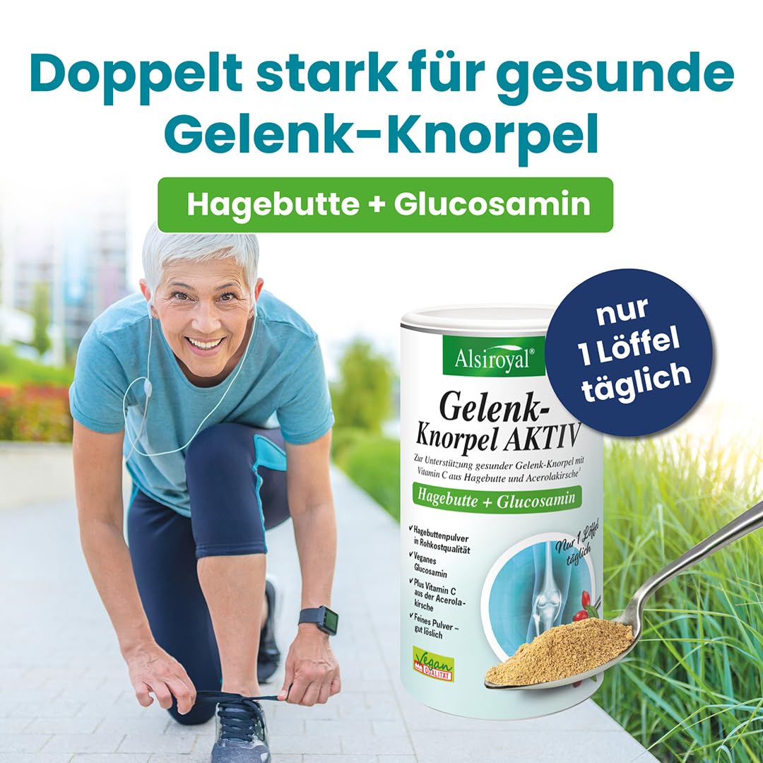 Alsiroyal Hagebuttenpulver plus Glucosamin · Gelenk-Knorpel-Komplex Aktiv | Für den Gelenk-Knorpel · Hagebuttenpulver in Rohkostqualität · 600 mg veganes Glucosamin · Vit. C aus Acerola · gut löslich