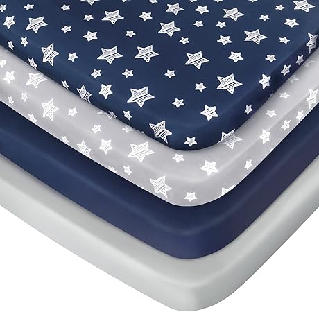 Pack and Play Sheets Boys, 4 Pack Mini Crib Sheets, Stretchy Pack and Play Playard Fitted Sheet, Compatible with Graco Pack n Play, Soft and Breathable Material, Navy