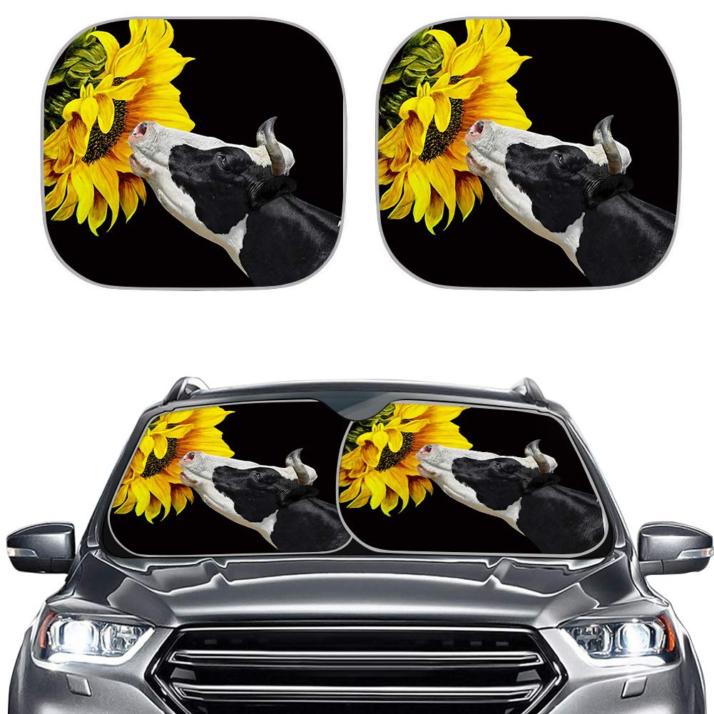 BIGCARJOB Sunflower with Cow Print Windshield Sun Shade, Auto Car Sun Shade for Windshield Sunshade Sun Visor for Car Windshield Cover 2pcs Foldable Shades
