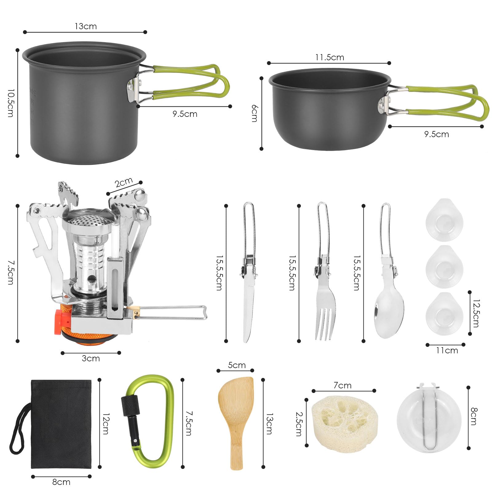 Dreamhigh® Leggero Set Pentole Campeggio, Set da 14 Pezzi Pentole Campeggio, Kit Campeggio Multiuso Con Fornello Pieghevole, Fornelletto Da Campeggio per Picnic All'aperto ed Escursioni