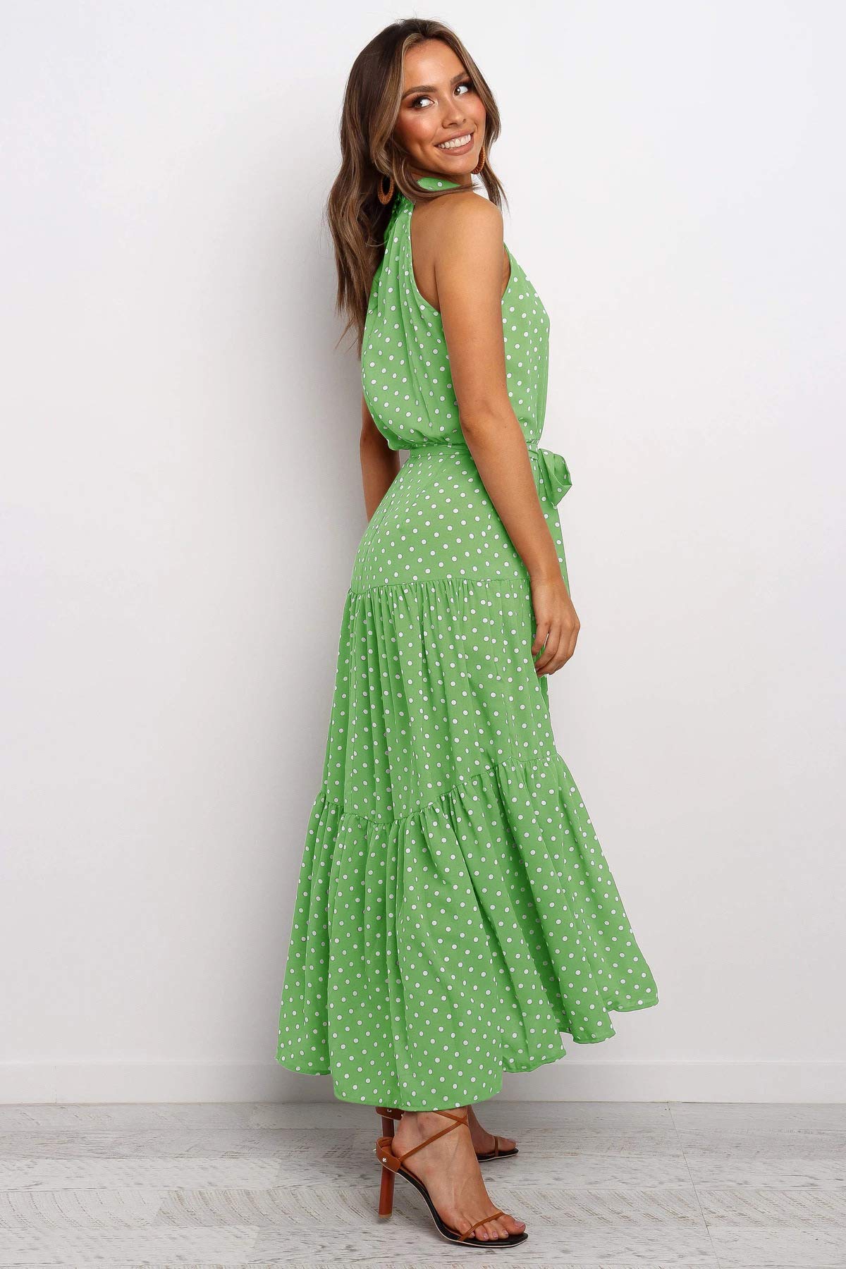 TOBILE Vestido largo de verano con lunares, vestido informal sin tirantes, amarillo, ideal para vacaciones, ropa femenina