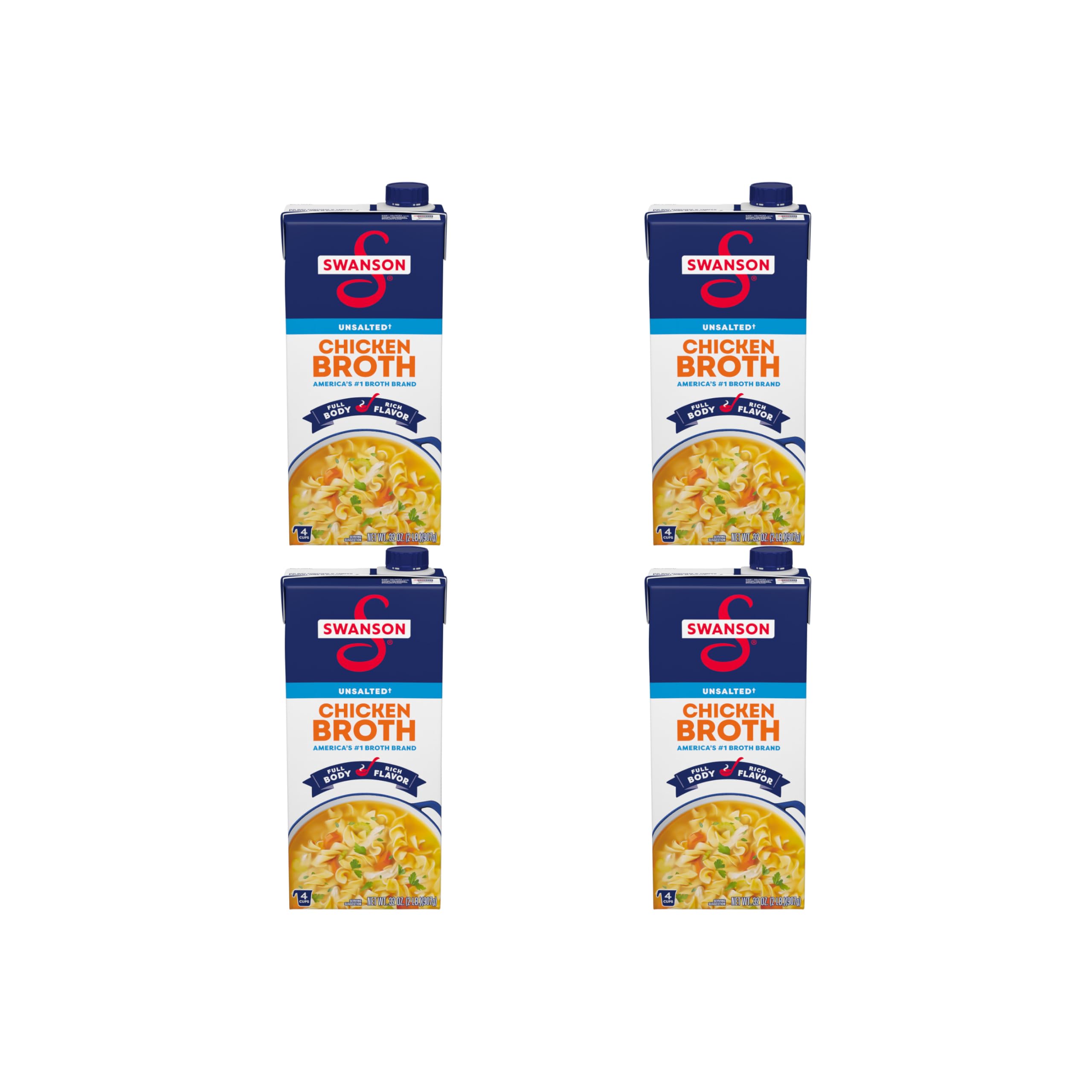 Swanson Unsalted Chicken Broth, 32 oz Carton (Pack of 4) Unsalted Chicken Broth 32 Ounce (Pack of 4)