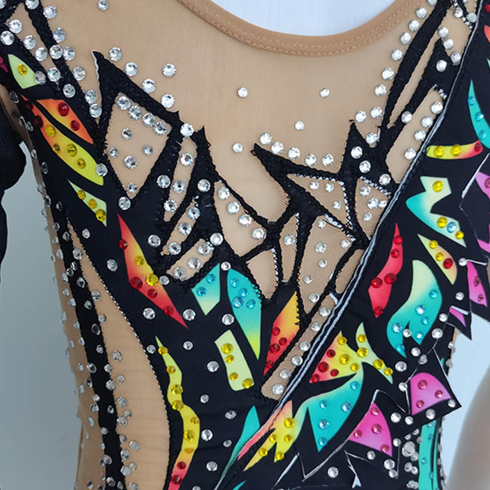 LIUHUO Maillot de gimnasia rítmica con estampado de color, mangas de malla negra, rendimiento de competición