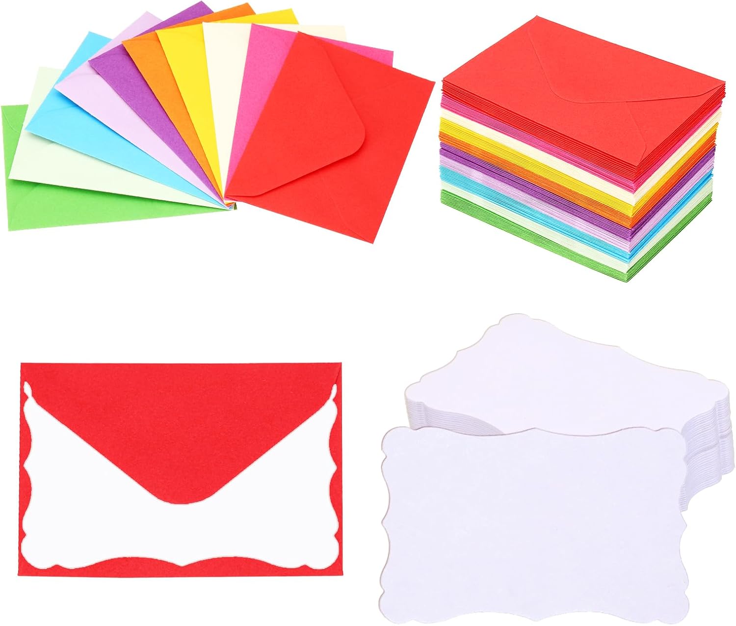 PATIKIL 3.7"x2.4" Colorful Mini Envelopes with White Blank Paper Business Cards, 300 Pack Small Index Flash Cards Words Message Note Card Mini Paper Tags Lace