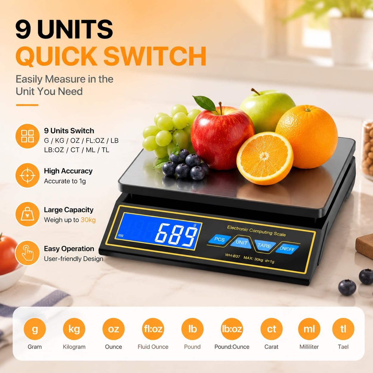 SOONHUA Bilancia da cucina, 30 kg, 0,1 g, in acciaio inox