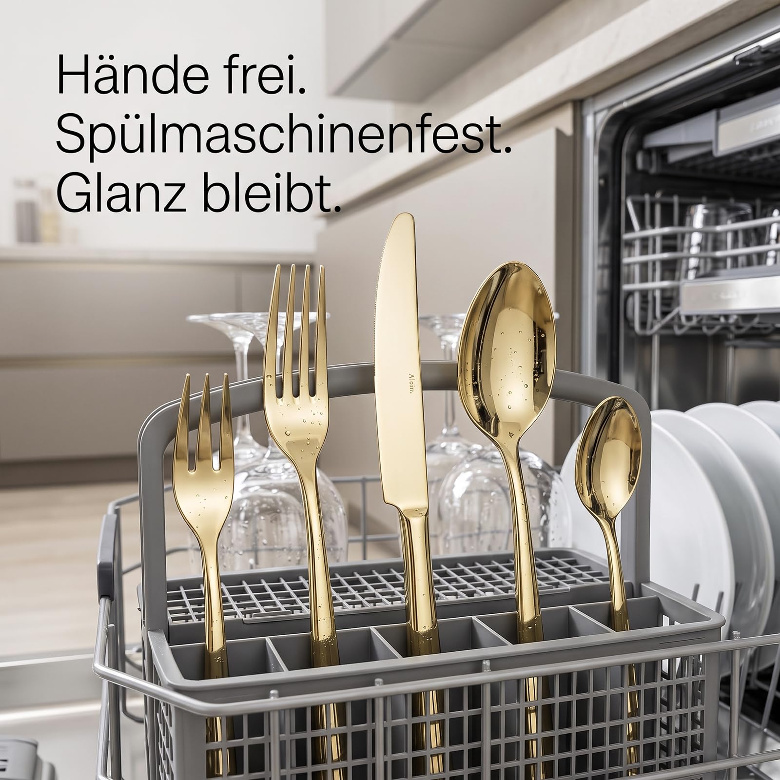 Alata Konrad 18/10 Edelstahl Poliert Champagner Gold Besteck Set 12 Personen, Essbesteck 60 teilig, Monobloc-Messer, Glänzend… – Ansicht 6
