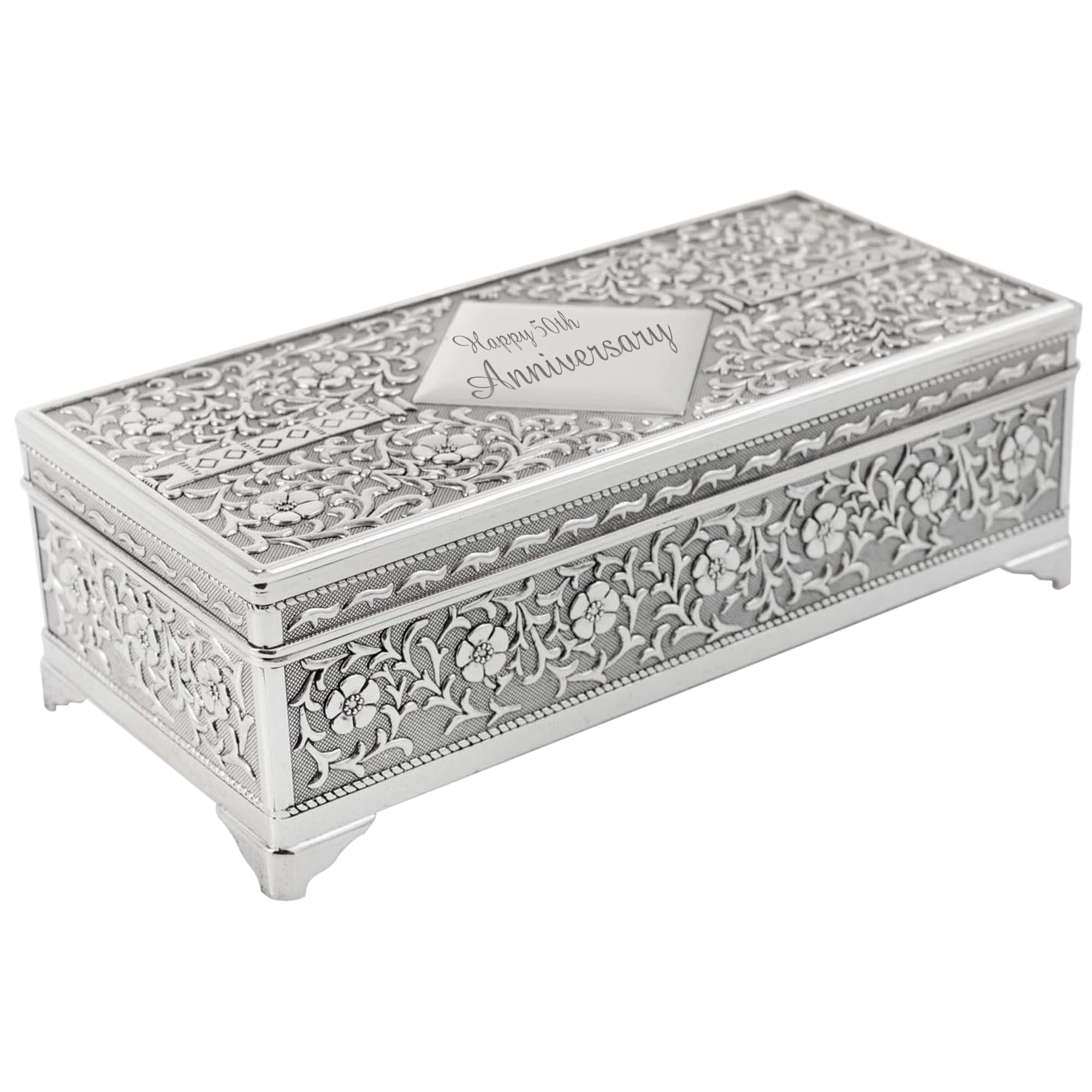 EIO GiftsPersonalised Silver Plated Rectangular Trinket Box With Floral Pattern, Gifts for Girls, Women, Jewellery Storage, Christening, First Holy Communion, 18th Birthday - Vintage Decor, Mini Jewellery Box