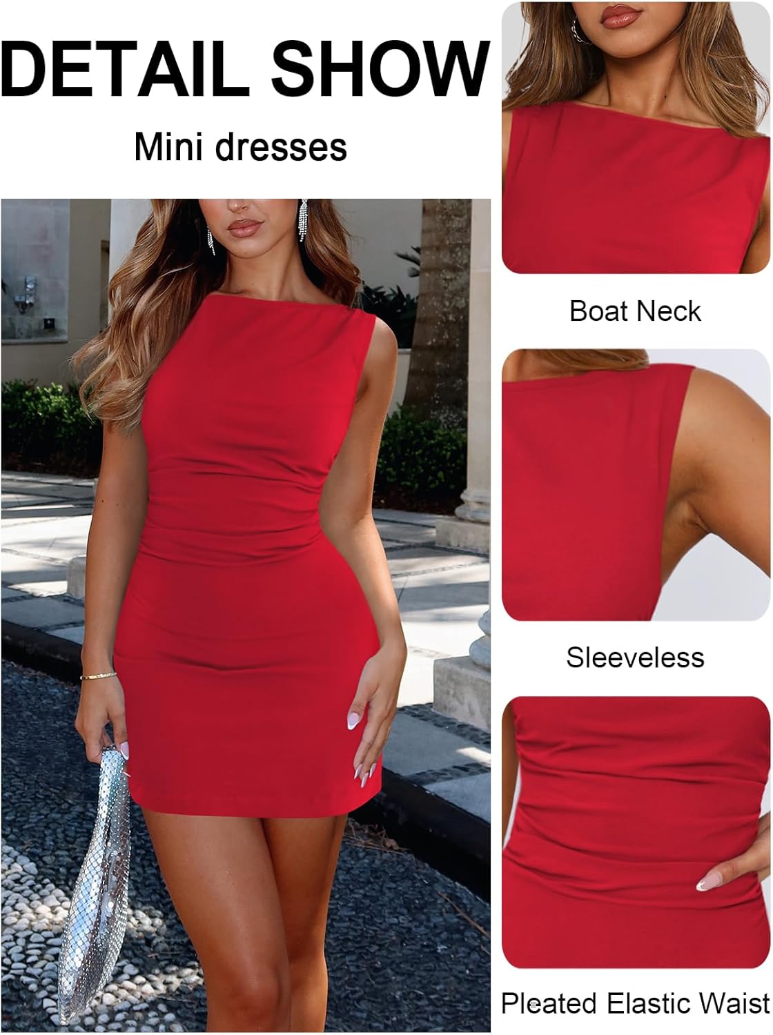 Womens Summer Boat Neck Mini Dress Sleeveless Ruched Slim Fit Going Out Cocktail Party Club Bodycon Dresses - Image 3