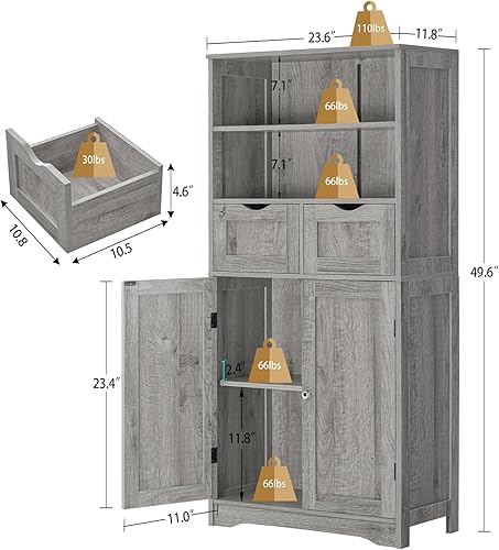 Miniatura 3 de Iwell Armario alto de baño, armario de almacenamiento con 2 cajones y estantes ajustables, armario de piso de baño para sala de estar, dormitorio,