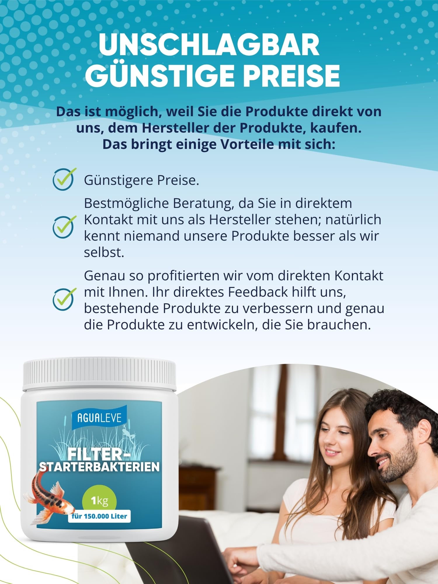AGUALEVE® Filterstarterbakterien 1kg *NEU* | aktiviert den Teichfilter Dank innovativer BIO3-Hochleistungs-Mikroogransimen | Fisch-, Garten- & Schwimmteiche | Made in Germany | 150.000l Teichwasser