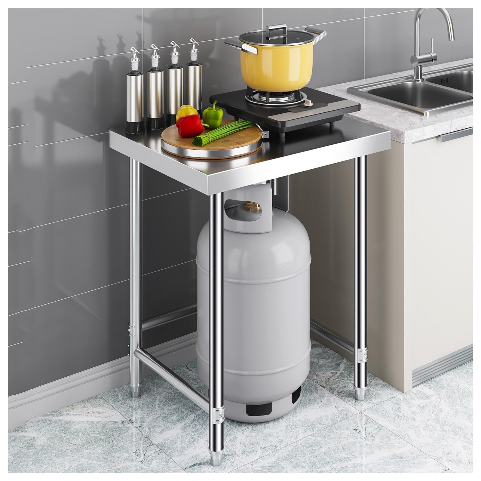 Mesa de preparación comercial de acero inoxidable, estación de trabajo de cocina resistente con amplio almacenamiento para necesidades culinarias