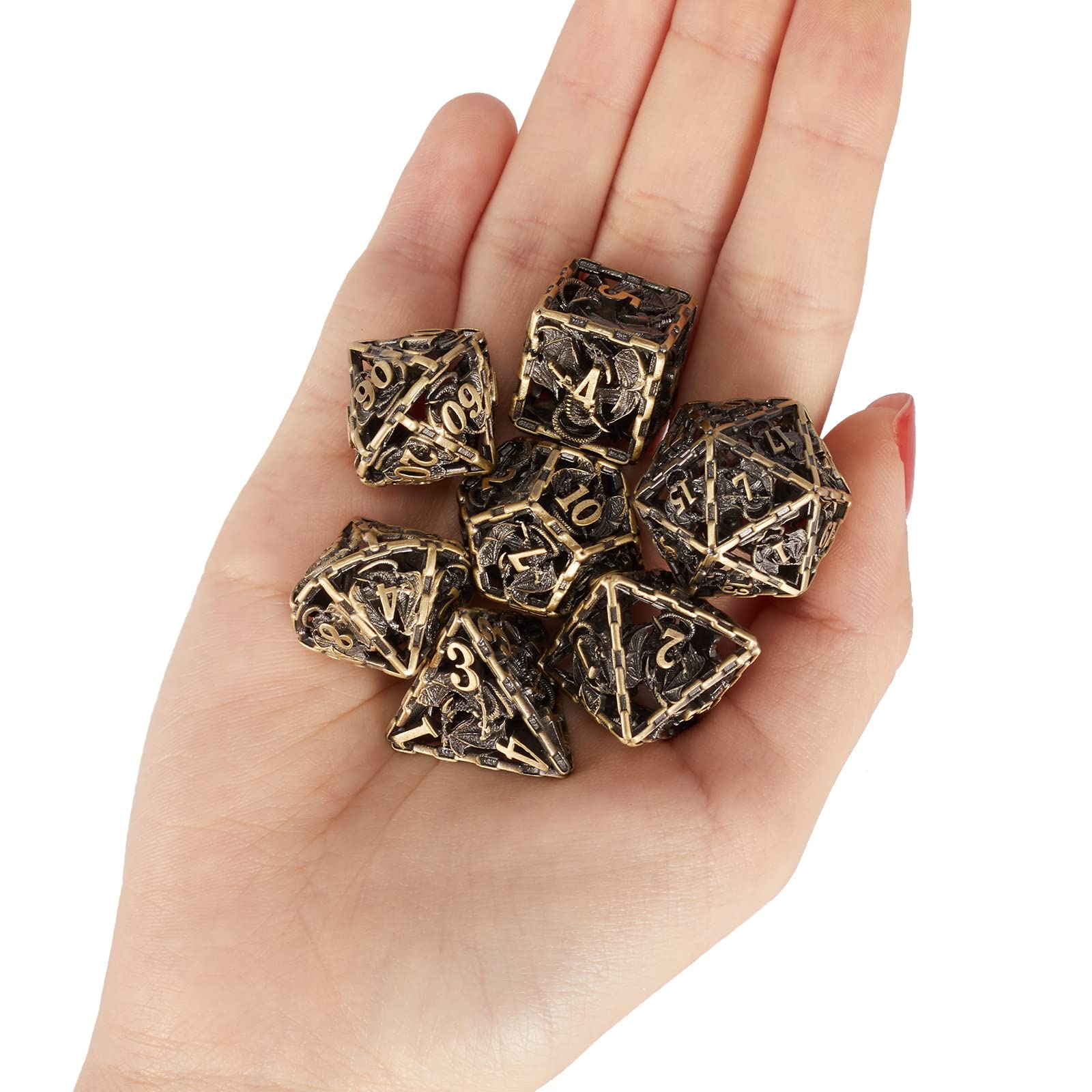 Jeu de dés DND polyédriques en métal avec sac, Donjons et Dragons - Accessoire de table - D20 - Série Dragon - Jaune