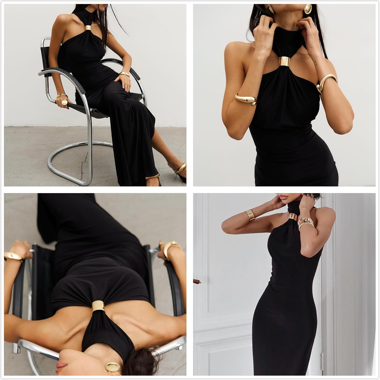 Women Halter Mock Neck with Gold Metal Ring Maxi Cocktail Dress Slim Fit Sleeveless Long Dresses - Image 4