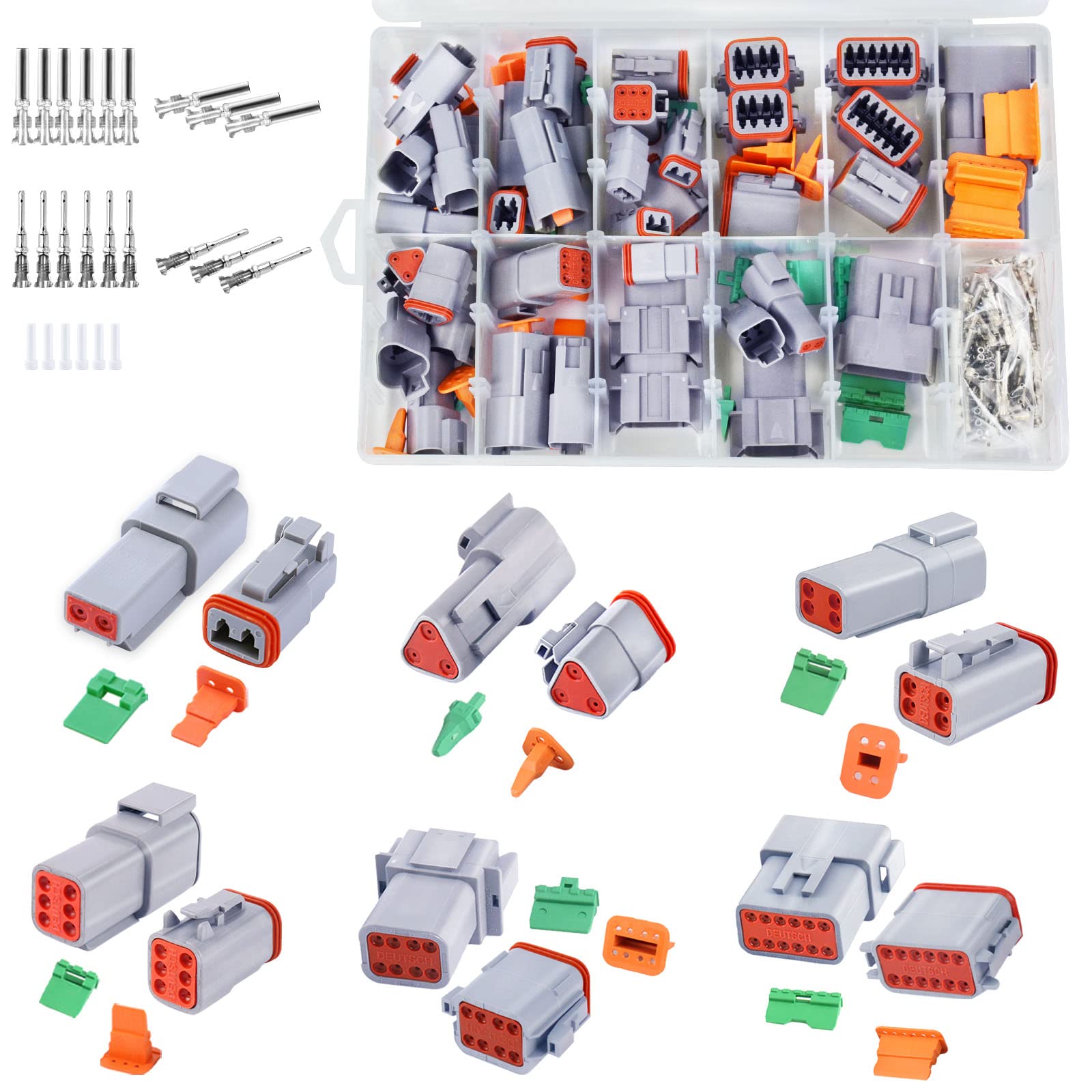 288 PCS Deutsch Connector Kit 3 Pairs,2 3 4 6 8 12 Pin Grey Waterproof Electrical Connector with Stamped Contacts and Seal Plugs for Truck, Off-Road