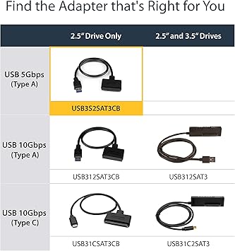 StarTech SATA to USB Adapter, USB 5Gbps to 2.5in SATA III Hard Drive Reader, HDD SSD to USB-A Adapter Cable for Windows Laptops and Macbooks