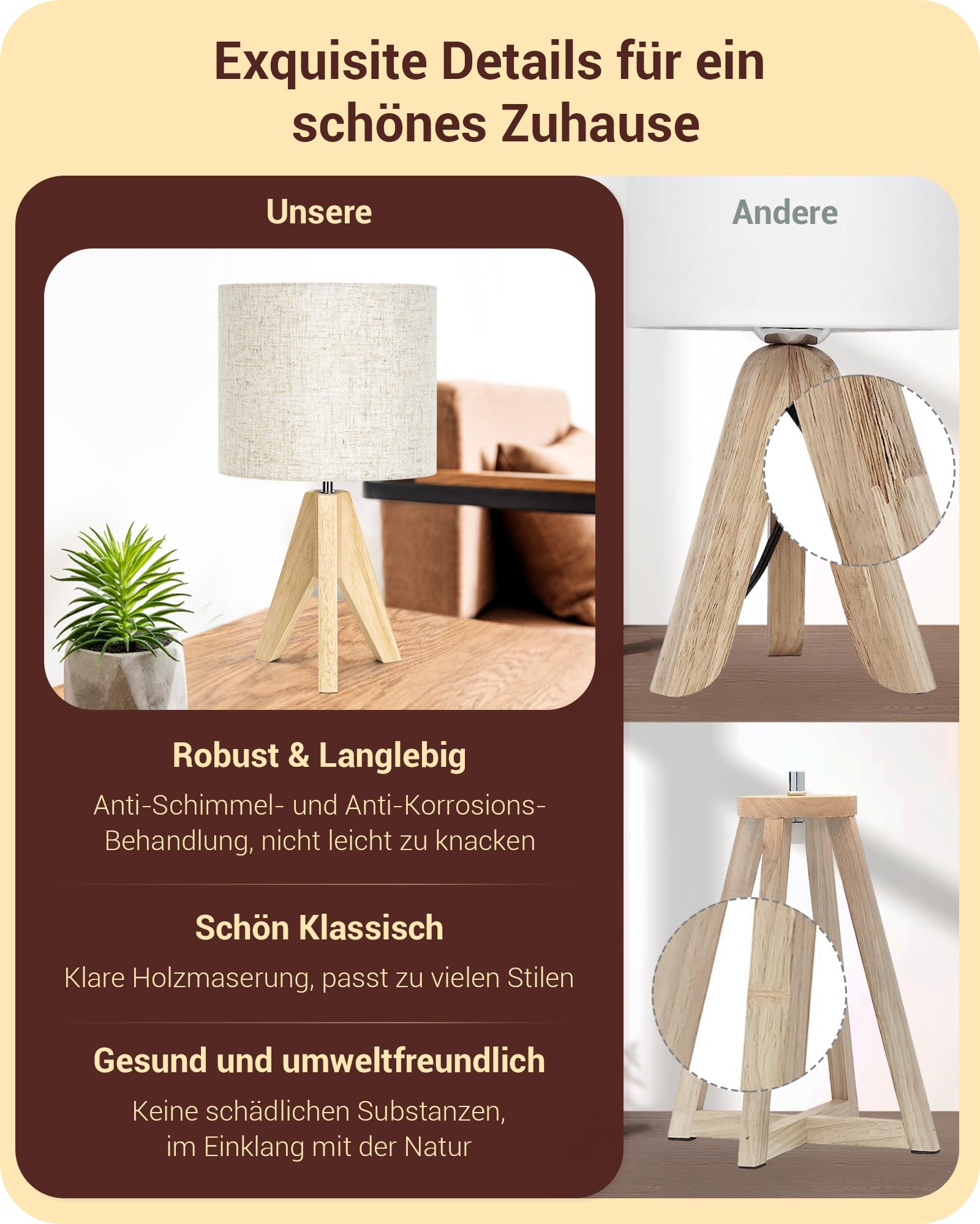 EDISHINE 2er Set Tischlampe Holz, LED Nachttischlampe mit beigem Leinen-Lampenschirm, E27 Fassung, inkl. Leuchtmittel, Vintage Tischleuchte für Schlafzimmer, Wohnzimmer, Geschenk