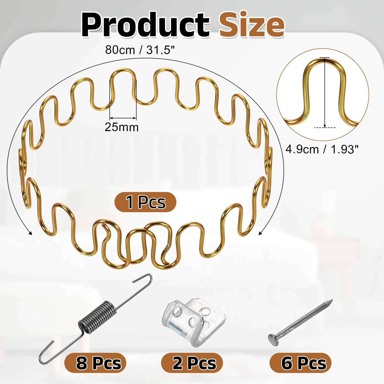 QUARKZMAN Kit di sostituzione molle per tappezzeria da 31,5", kit di riparazione per cuscini cedevoli in acciaio al carbonio, molla ad arco con ganci di bilanciamento, clip a molla a S, oro