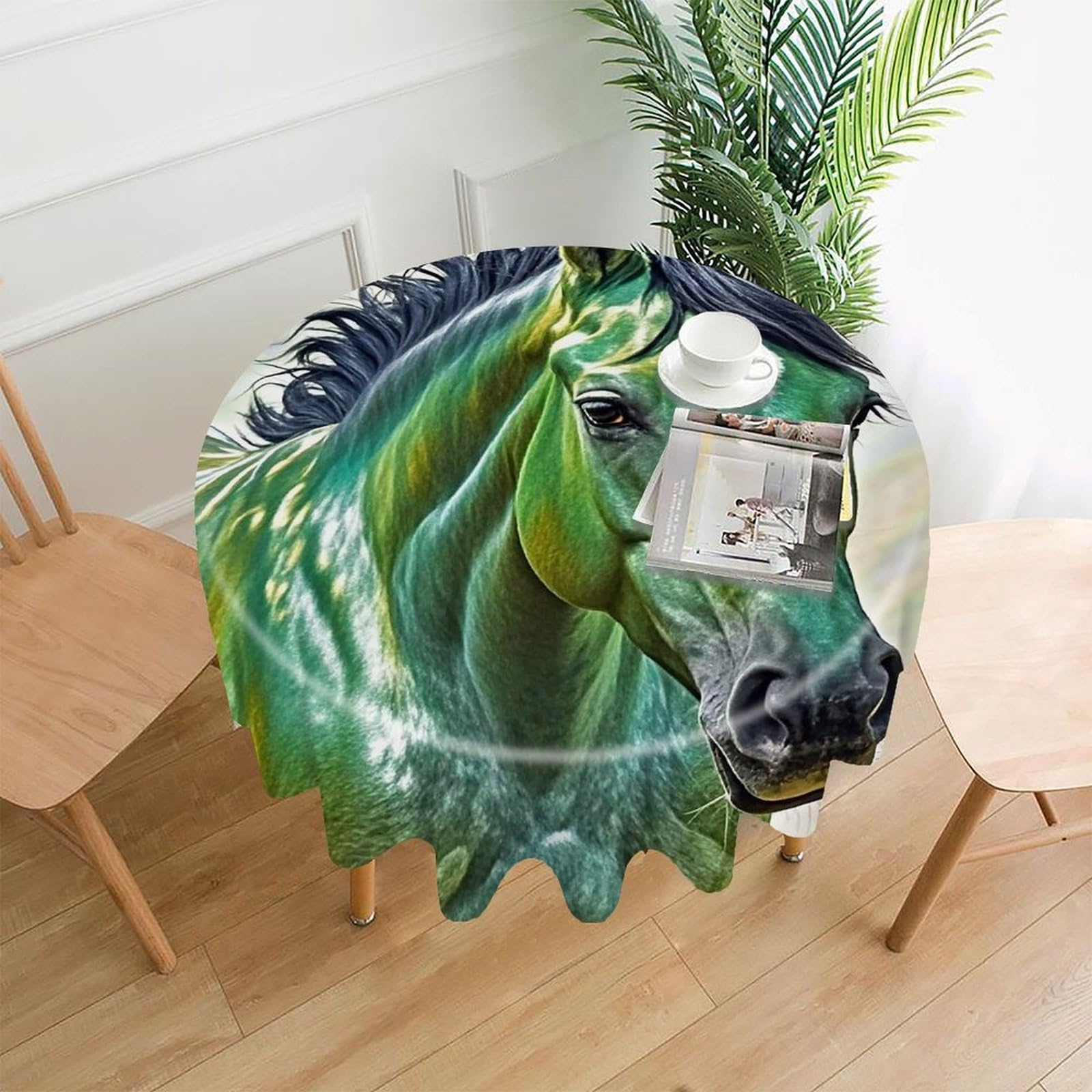 VstaDank Green Horse Tablecloth Easy to Clean Polyester Round Table Cover Washable Round Table Cloth Wrinkle-Free Circle Decoration Tablecloth for Kitchen Dining Room 60"