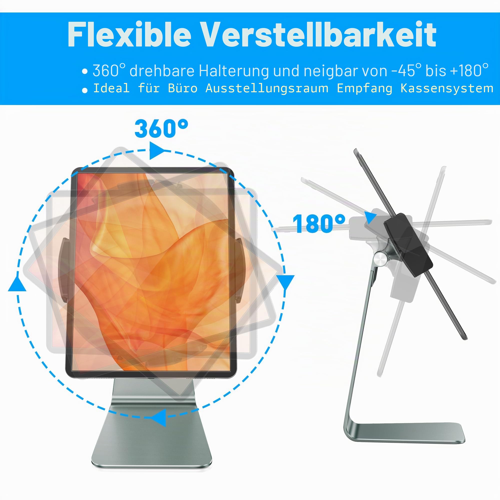 AboveTEK Verstellbarer Aluminium-Tablet-Ständer, 360° drehbarer Display-Halter für 7–12,9 Zoll iPad Pro/Air/Mini, Galaxy Tab & mehr – Perfekt für Küche, Büro, Rezeption & Ladenpräsentation