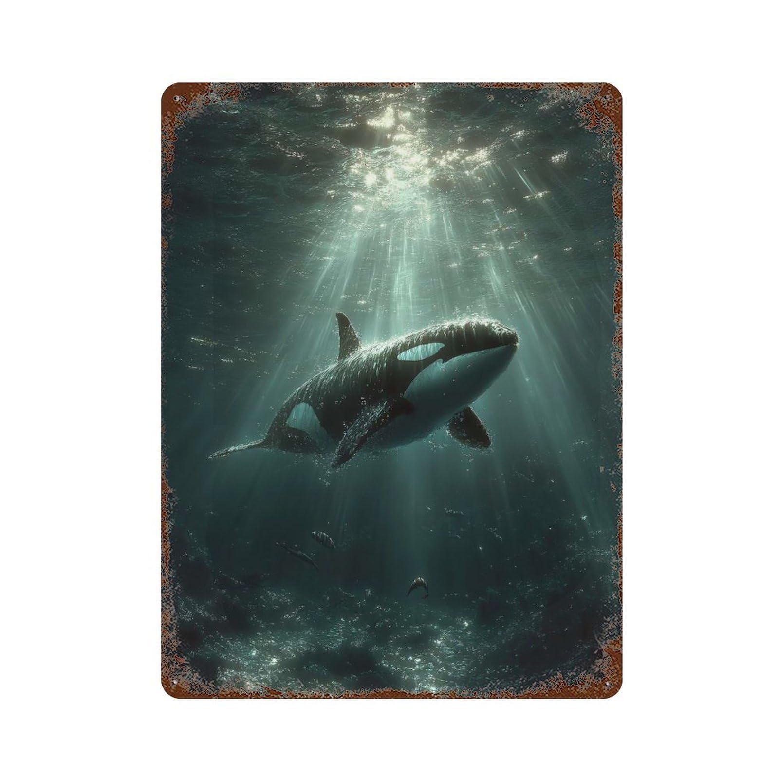 Retro Metal Sign with Orca Whale Swimming Underwater with Sunbeams Design 15.7"x11.8", for Living Room, Hallway And Home Decor, Vintage Wall Decor