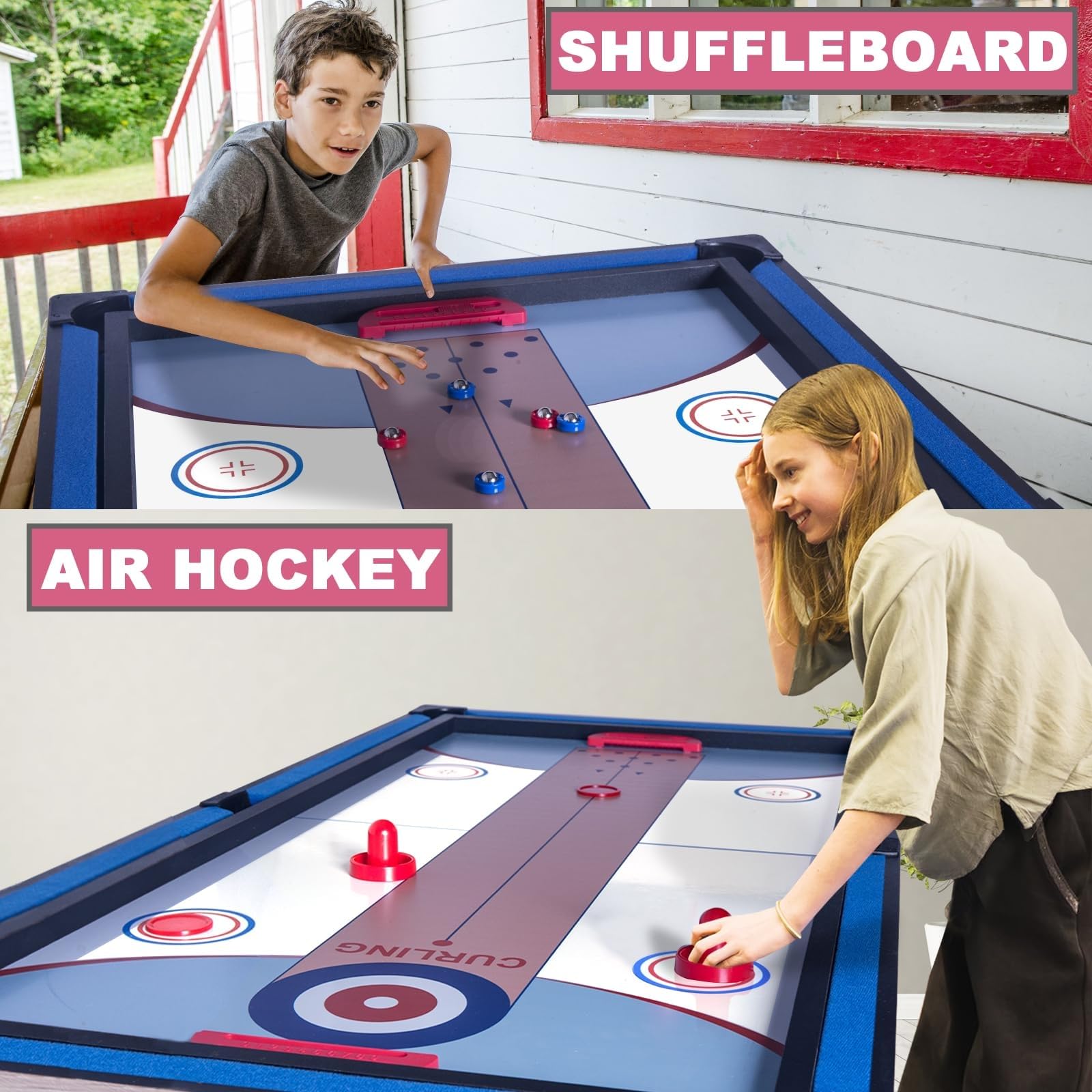 HLC Mesa de Billar Plegable 5 en 1, Mesa de Ping-Pong, Shuffleboard, Curling, Bolos, Juego de Mesa de Hockey de Aire, Se Puede Montar y Desmontar Rápidamente.