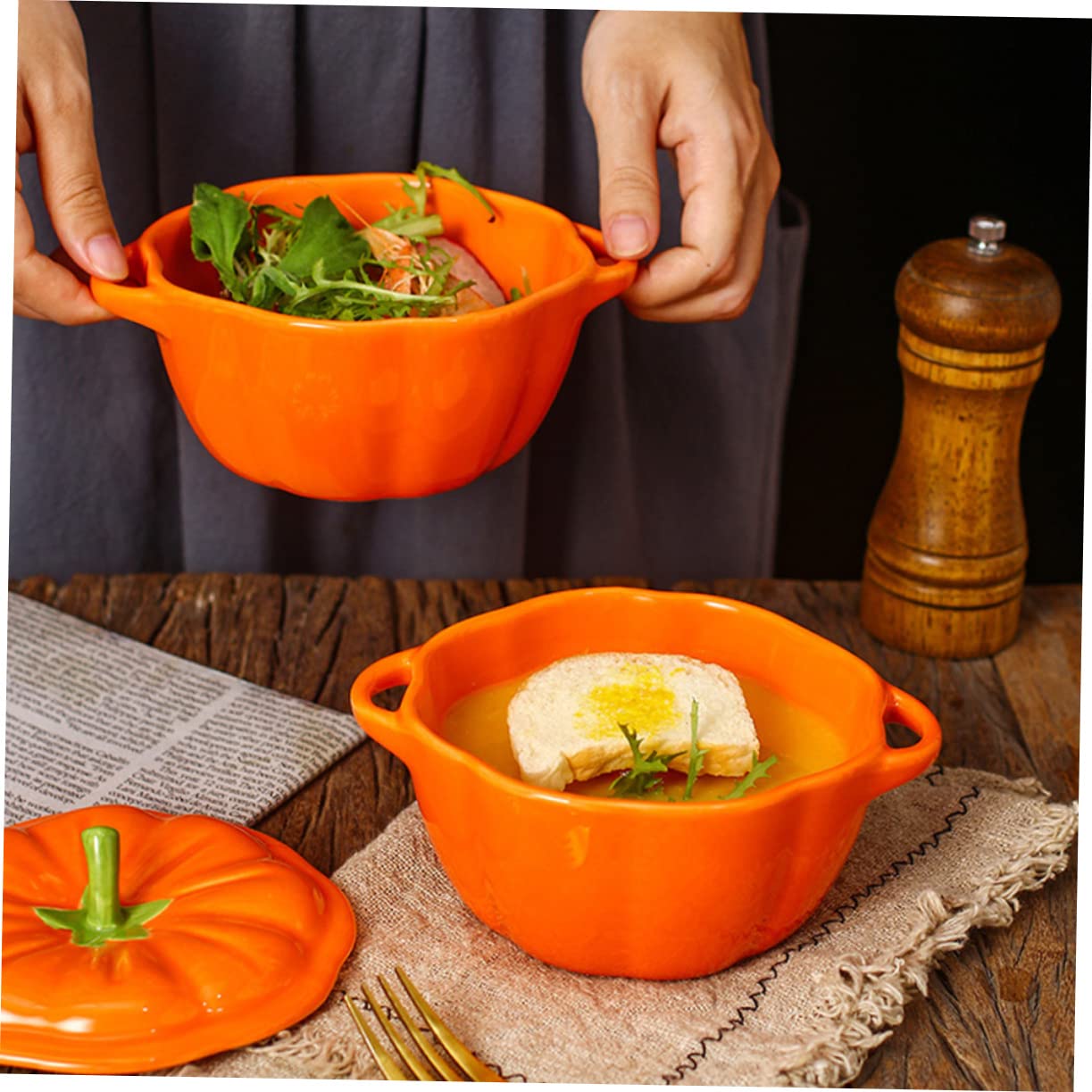 TOPBATHY 3 piezas Tazón de Cerámica con Diseño de Calabaza Resistente al Horno y Microondas para Estofar y Cocinar al Vapor Cuenco Versátil para Sopa y Postres Cocina